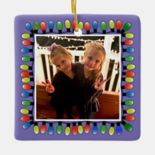 Ornement En Céramique Custom Photo with back text Party Lights Purple