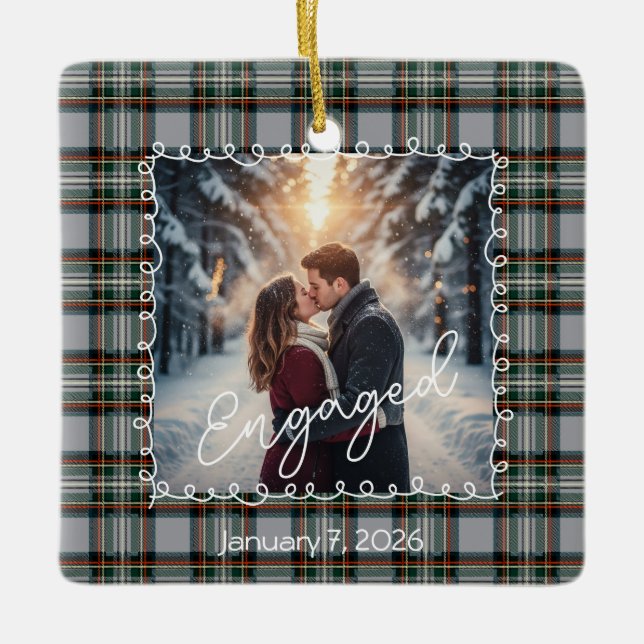 Ornement En Céramique Custom Winter Engagement Photo Card with Tartan  (Devant)