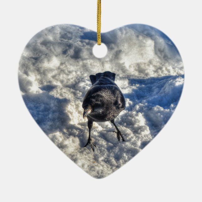 Ornement En Céramique Cute Black Raven in the Snow Photo (Dos)