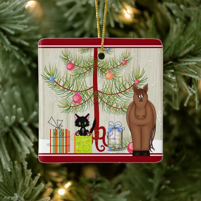 Ornement En Céramique Cute Brown Cheval et Kitten personnalisés Noël (Arbre)