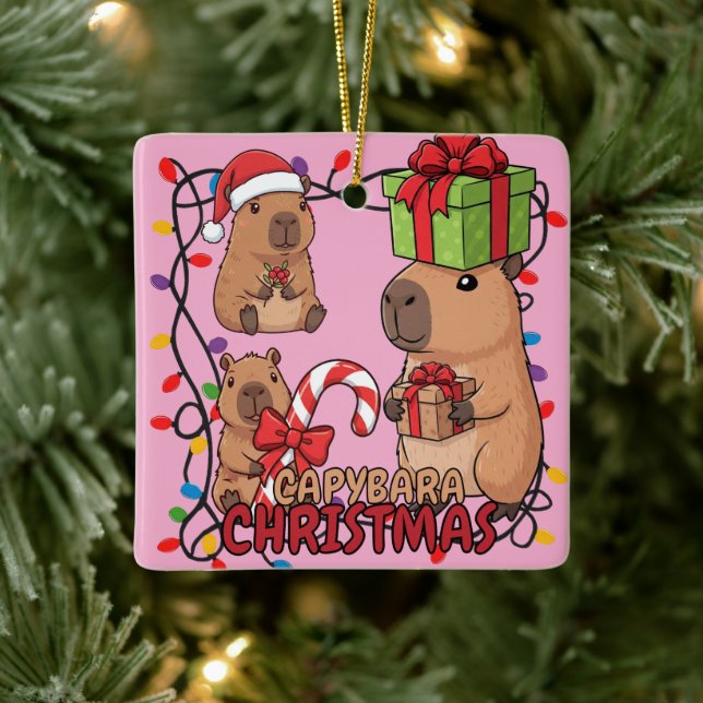 Ornement En Céramique Cute Capybara Christmas Lights Festive Party Pink (Arbre)