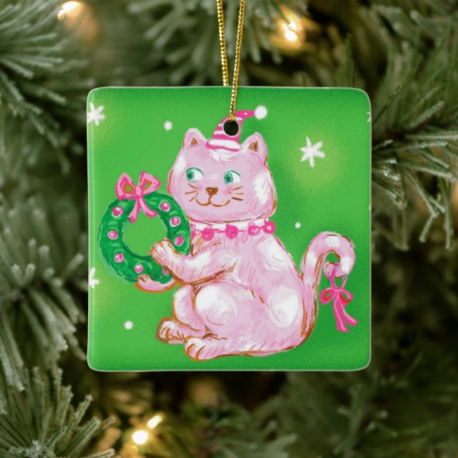 Ornement En Céramique Cute Cartoon Christmas Cat Holding Wreath (Arbre)