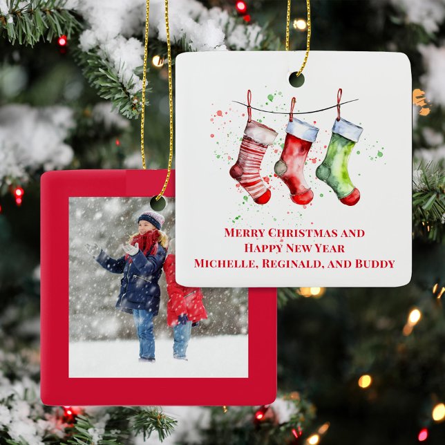 Ornement En Céramique Cute Christmas Stocking Custom Photo  (Christmas Photo Custom Cute Holiday Stocking Ornament.)