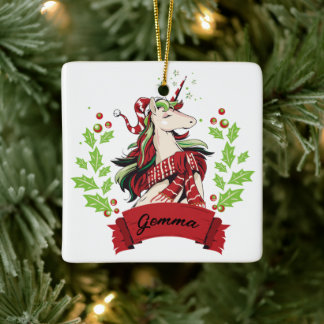 Ornement En Céramique Cute Christmas Unicorn Nom personnalisé