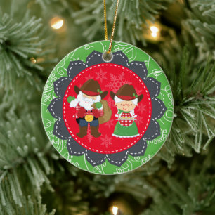 Ornement En Céramique Cute Cowboy Père Noël et Mme Clause 1er Noël