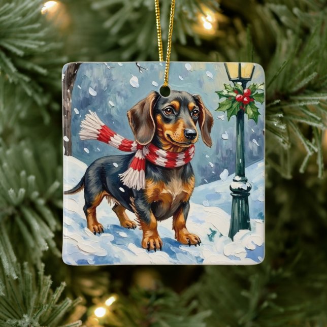 Ornement En Céramique Cute Dachshund Puppy Cozy Winter Scarf Art (Arbre)