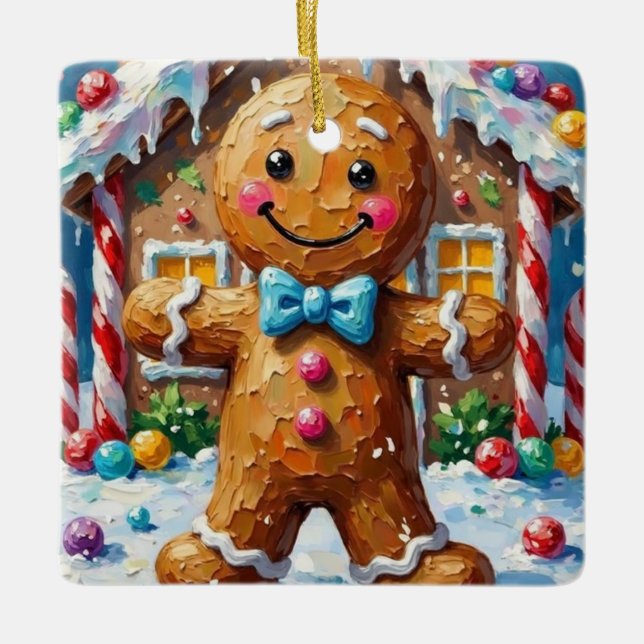 Ornement En Céramique Cute Gingerbread Man Cheerful Christmas Cookie Art (Devant)