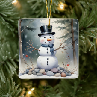 Ornement En Céramique Cute Gorgeous Snowman Frosted Landscape Forest
