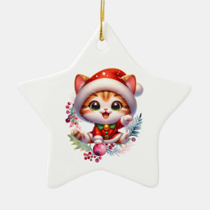 Ornement En Céramique Cute Kitten en Père Noël Costume Noël