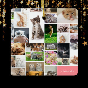 Ornement En Céramique Cute Kitten Photo Montage Coral Rose Chat Noël