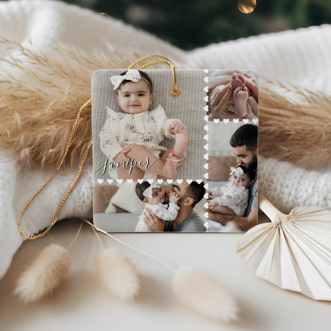 Ornement En Céramique Cute Minimal Heart Baby Photo Collage Script Name (Cute Minimal Heart Baby Photo Collage Script Name Ceramic Ornament)