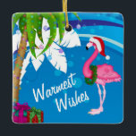 Ornement En Céramique Cute Père Noël Flamant rose de plage personnalisée<br><div class="desc">Cet ornement d'arbres de Noël des plus Chaleureux plaira aux vacanciers avec ses palmiers ornés de lumières de Noël et son flamant rose vêtu d'un chapeau de Père Noël dressé contre un arrière - plan de plage abstrait bleu et blanc cool. Il peut être personnalisé avec un nom, une année...</div>
