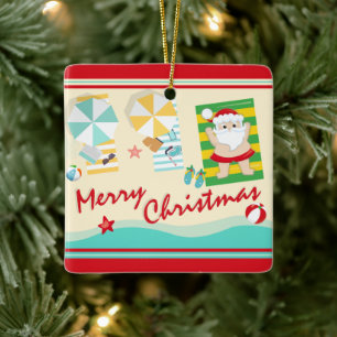 Ornement En Céramique Cute Père Noël personnalisée sur la plage Noël