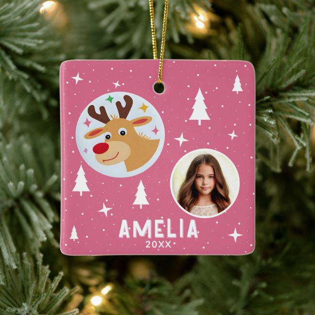 Ornement En Céramique Cute Pink Reindeer Kid`s Name Photo Christmas (Arbre)