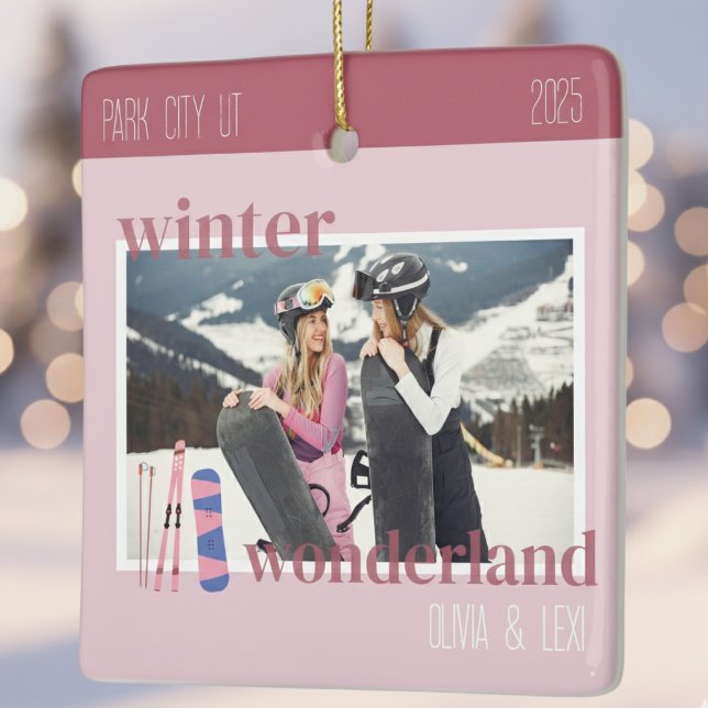 Ornement En Céramique Cute Pink Winter Ski Theme Keepsake Photo  (Create a keepsake of your winter ski trip with this Cute Pink Winter Ski Keepsake Photo Ornament!)
