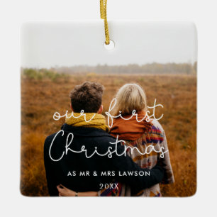 Ornement En Céramique Cute script Our First Christmas couple photo