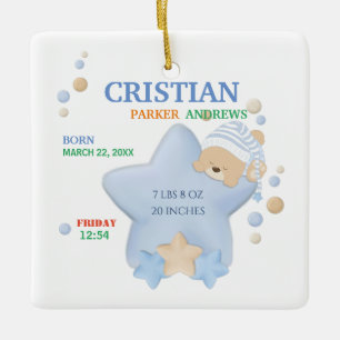 Ornement En Céramique Cute Sleeping Teddy Bear Baby Boy Birth Stats