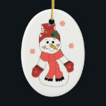 Ornement En Céramique Cute Snowman<br><div class="desc">Un mignon bonhomme de neige portant une écharpe et des mitaines casquettes rouges,  un gros grain et des petites joues de coeur.</div>