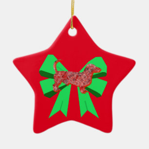 Ornement En Céramique Dachshund Chien Silhouette Rouge et Vert Bow Noël