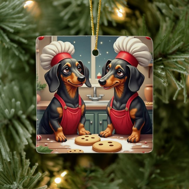 Ornement En Céramique Dachshund Christmas Cookie Bakers Holiday Painting (Arbre)