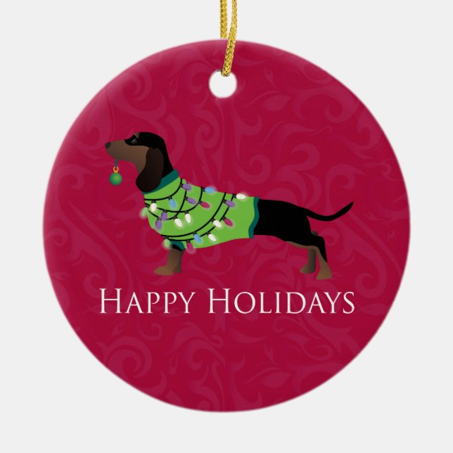 Ornement En Céramique Dachshund Happy Holidays Design (Devant)