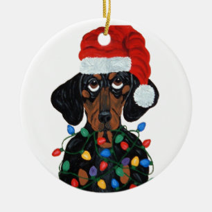 Ornement En Céramique Dachshund Père Noël emmêlé dans les lumières de No