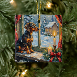 Ornement En Céramique Dachshund vintage devant une fenêtre de Noël cosy