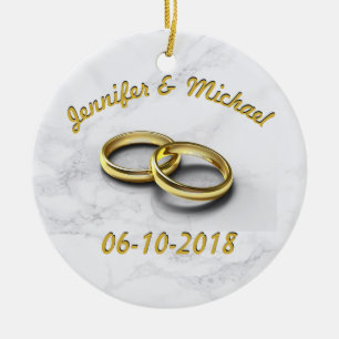 Ornement En Céramique Date de mariage de la mariée et du marié Anneaux e