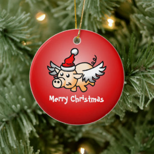 Ornement en céramique de Noël de porc volant