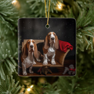 Ornement En Céramique Décor de Noël Basset Hound Snowy Sleigh