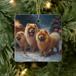 Ornement En Céramique Décor de Noël Chow Chow Snowy Sleigh