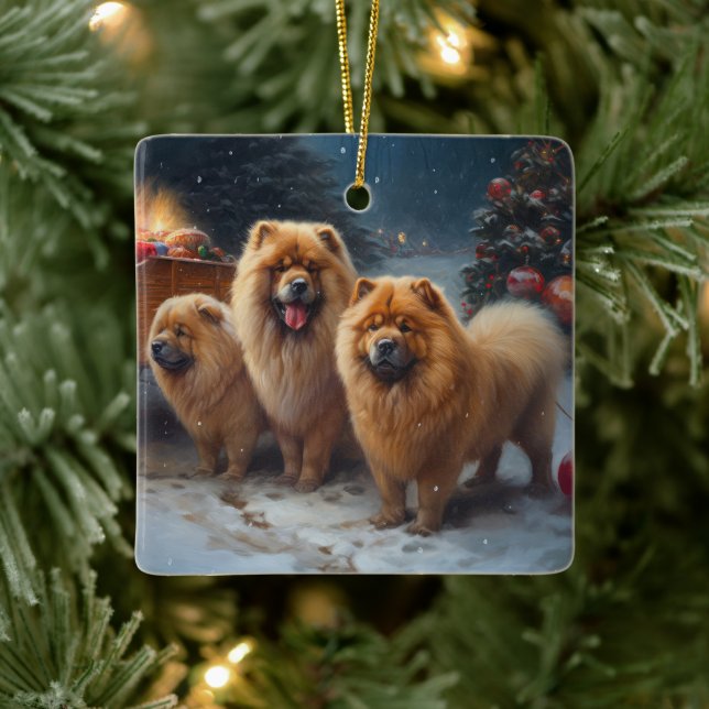 Ornement En Céramique Décor de Noël Chow Chow Snowy Sleigh (Arbre)