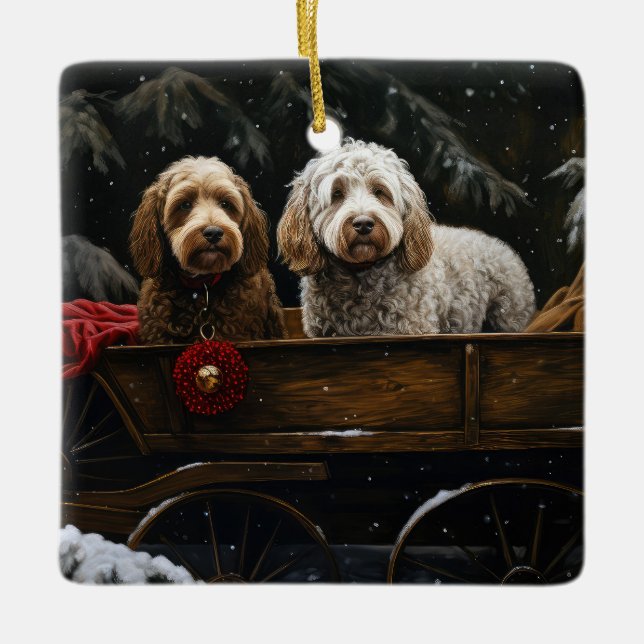 Ornement En Céramique Décor de Noël Cockapoo Snowy Sleigh (Devant)