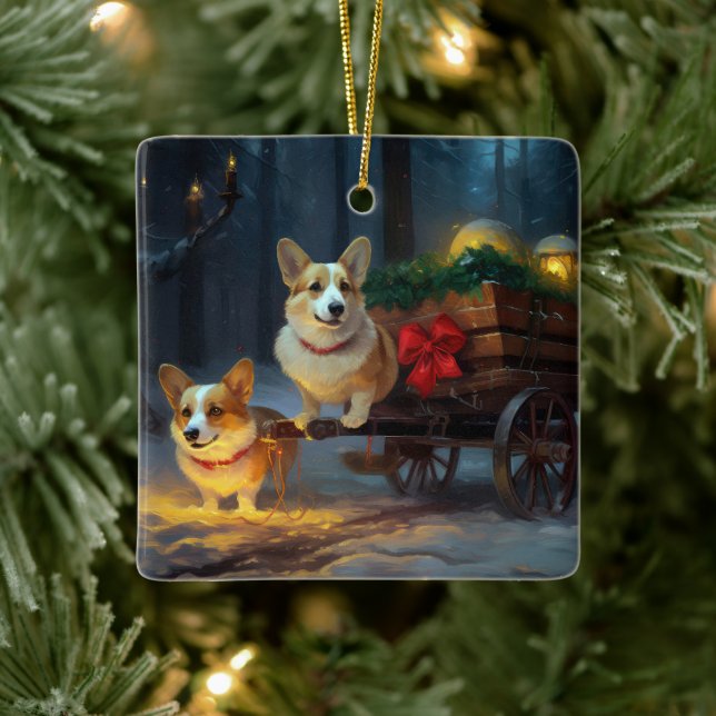 Ornement En Céramique Décor de Noël Corgi Snowy Sleigh (Arbre)
