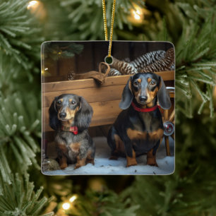 Ornement En Céramique Décor de Noël Dachshund Snowy Sleigh