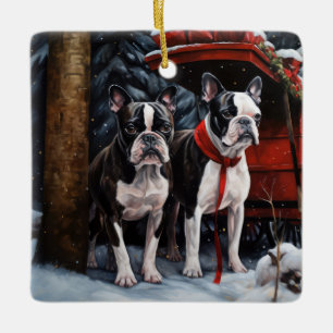 Ornement En Céramique Décor de Noël de Boston Terrier Snowy Sleigh