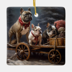 Ornement En Céramique Décor de Noël de Bulldog Snowy Sleigh