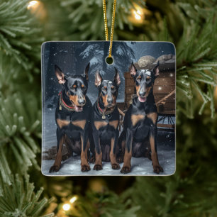 Ornement En Céramique Décor de Noël Doberman Snowy Sleigh