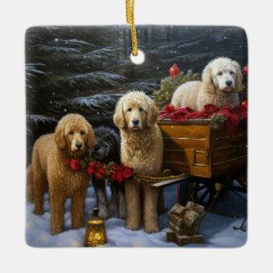 Ornement En Céramique Décor de Noël Goldendoodle Snowy Sleigh