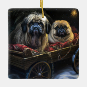 Ornement En Céramique Décor de Noël Pekingese Snowy Sleigh