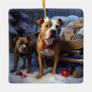 Ornement En Céramique Décor de Noël Pitbull Snowy Sleigh