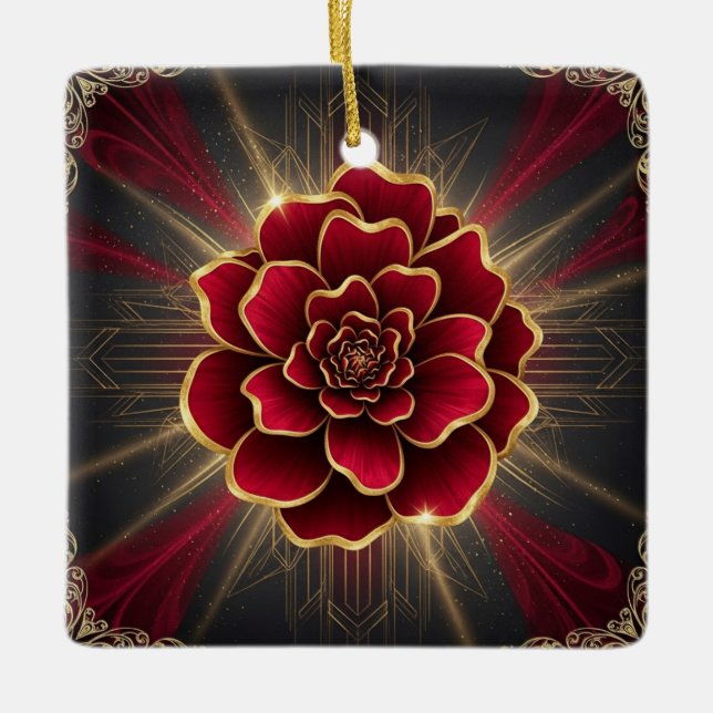 Ornement En Céramique Deep Red Art Deco Flower Ornament with Gold Accent (Devant)
