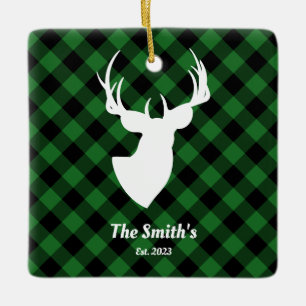 Ornement En Céramique Deer Silhouette Green Black Buffalo Plaid Family