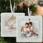 Ornement En Céramique Delicy Snowflake Photo Frame Baby Birth Stats<br><div class="desc">Bébé natation stats ornement photo avec délicats flocons de neige blancs sur un arrière - plan vert doux. Le modèle photo est prêt pour vous à ajouter votre photo bébé, encadrée avec vos statistiques de naissance. Vous pouvez ajouter la même photo ou une autre image au dos, qui sont toutes...</div>