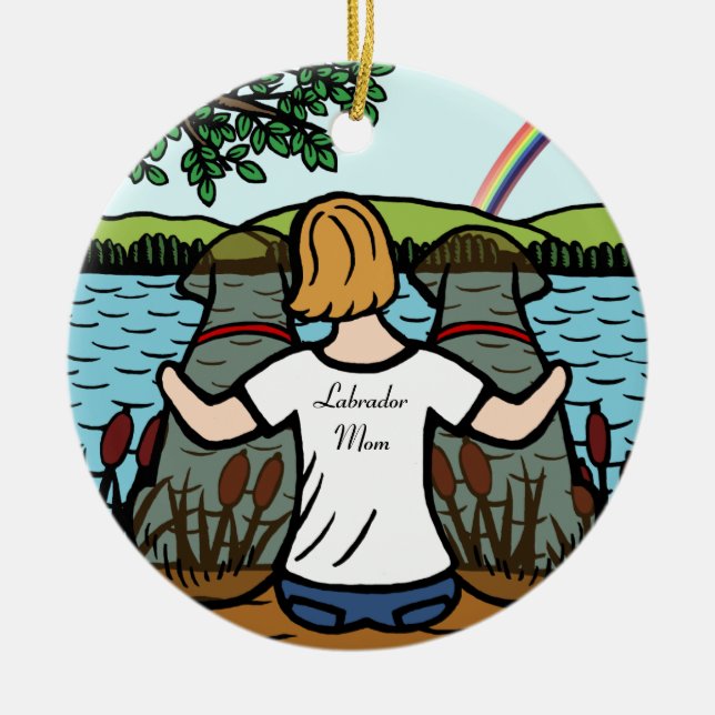 Ornement En Céramique Deux anges et maman 2 de Labrador de chocolat (Devant)