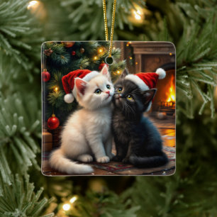 Ornement En Céramique Deux chatons de Noël mignons avec des chapeaux de