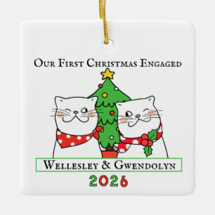 Ornement En Céramique Deux chats, premier Noël fiancés