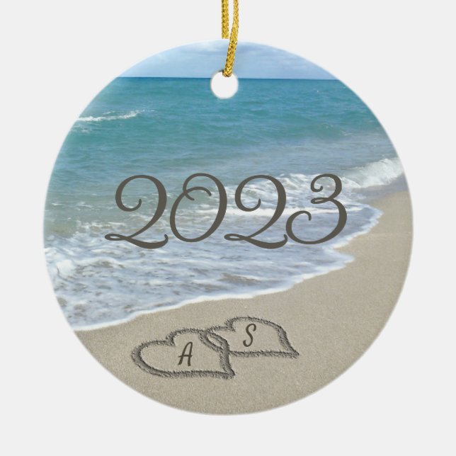 Ornement En Céramique Deux Coeurs de sable sur la plage (Devant)