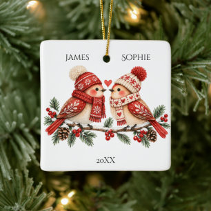 Ornement En Céramique Deux cœurs, un Noël, amoureux scandinaves