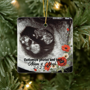 Ornement En Céramique Deux textes personnalisés photo Coquelots rouges P